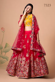 Rani Pink Lehenga Choli with Yellow Blouse and Floral Embroidered Dupatta