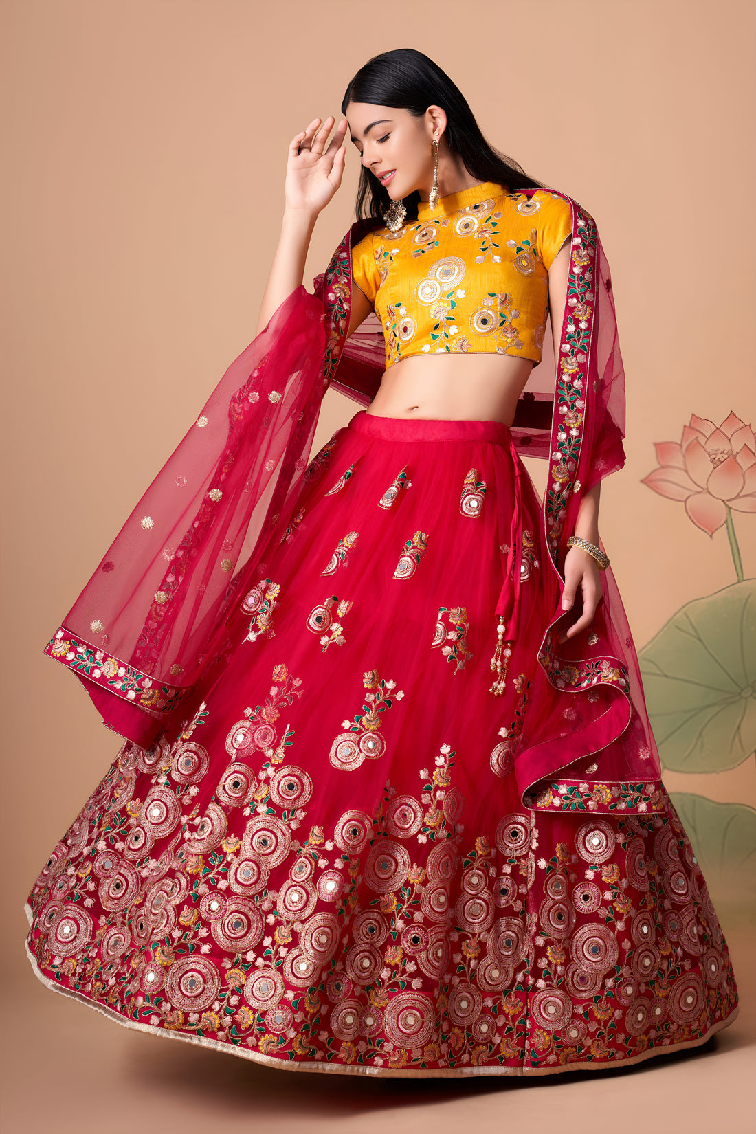 Rani Pink Lehenga Choli with Yellow Blouse and Floral Embroidered Dupatta