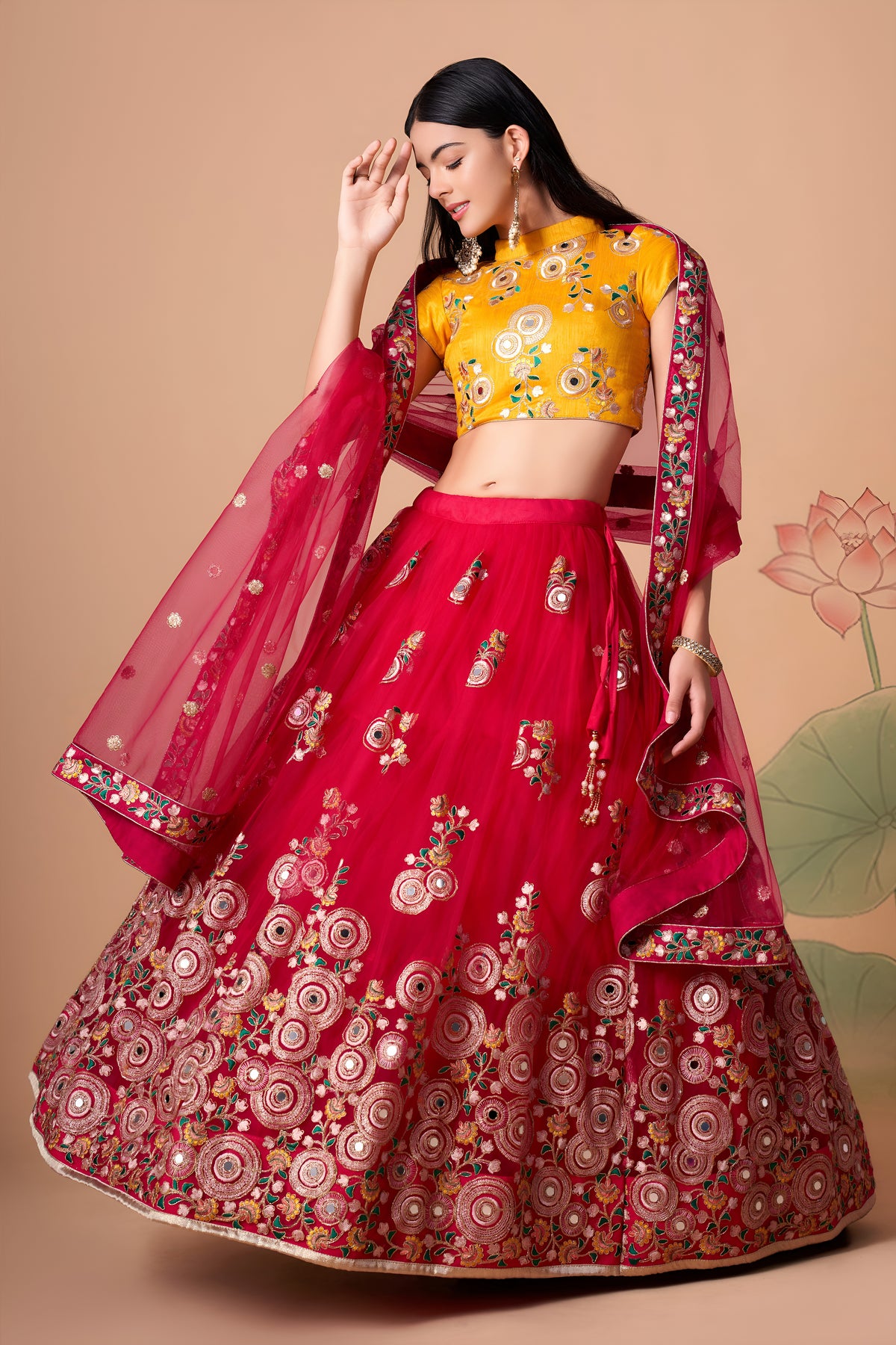 Rani Pink Lehenga Choli with Yellow Blouse and Floral Embroidered Dupatta