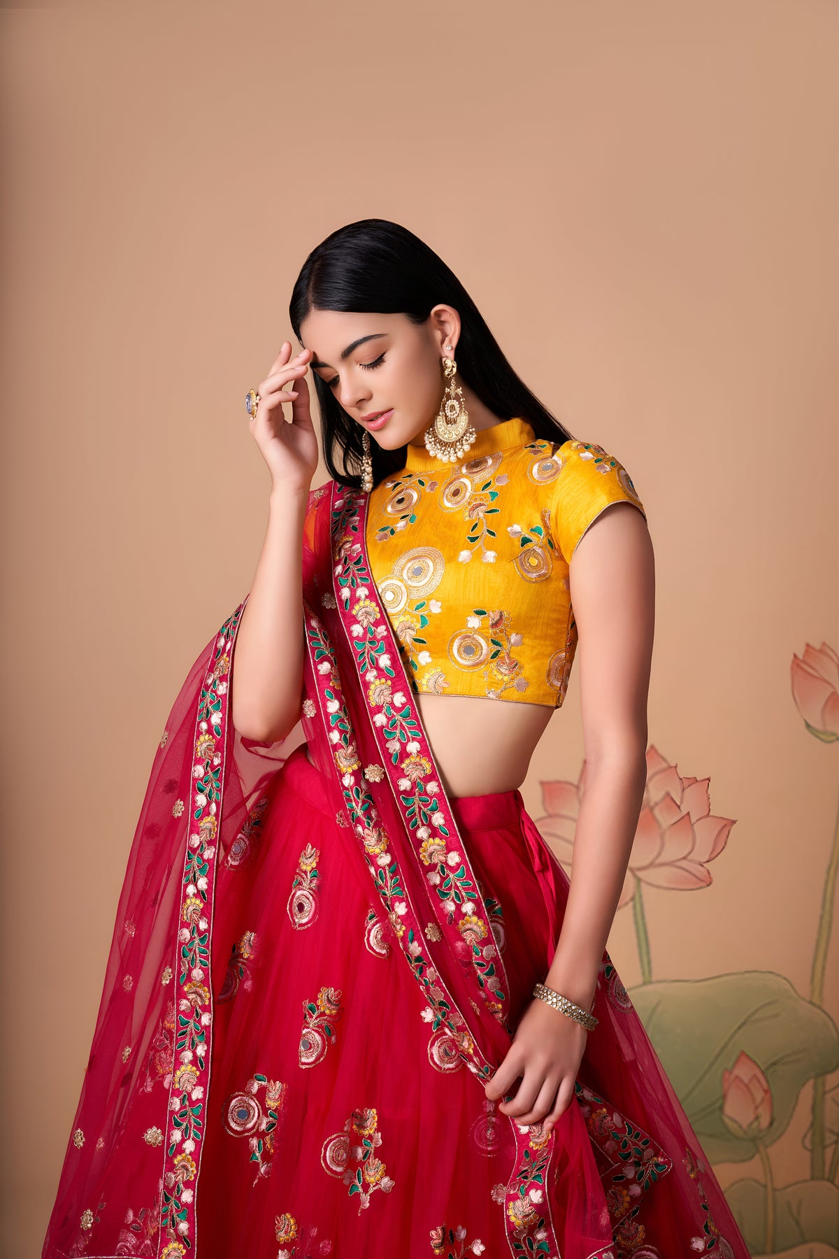 Rani Pink Lehenga Choli with Yellow Blouse and Floral Embroidered Dupatta