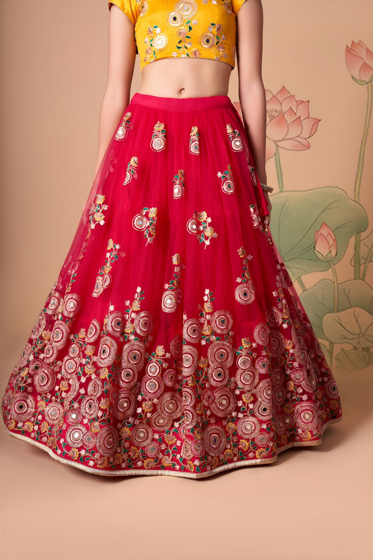 Rani Pink Lehenga Choli with Yellow Blouse and Floral Embroidered Dupatta