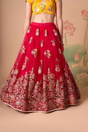 Rani Pink Lehenga Choli with Yellow Blouse and Floral Embroidered Dupatta