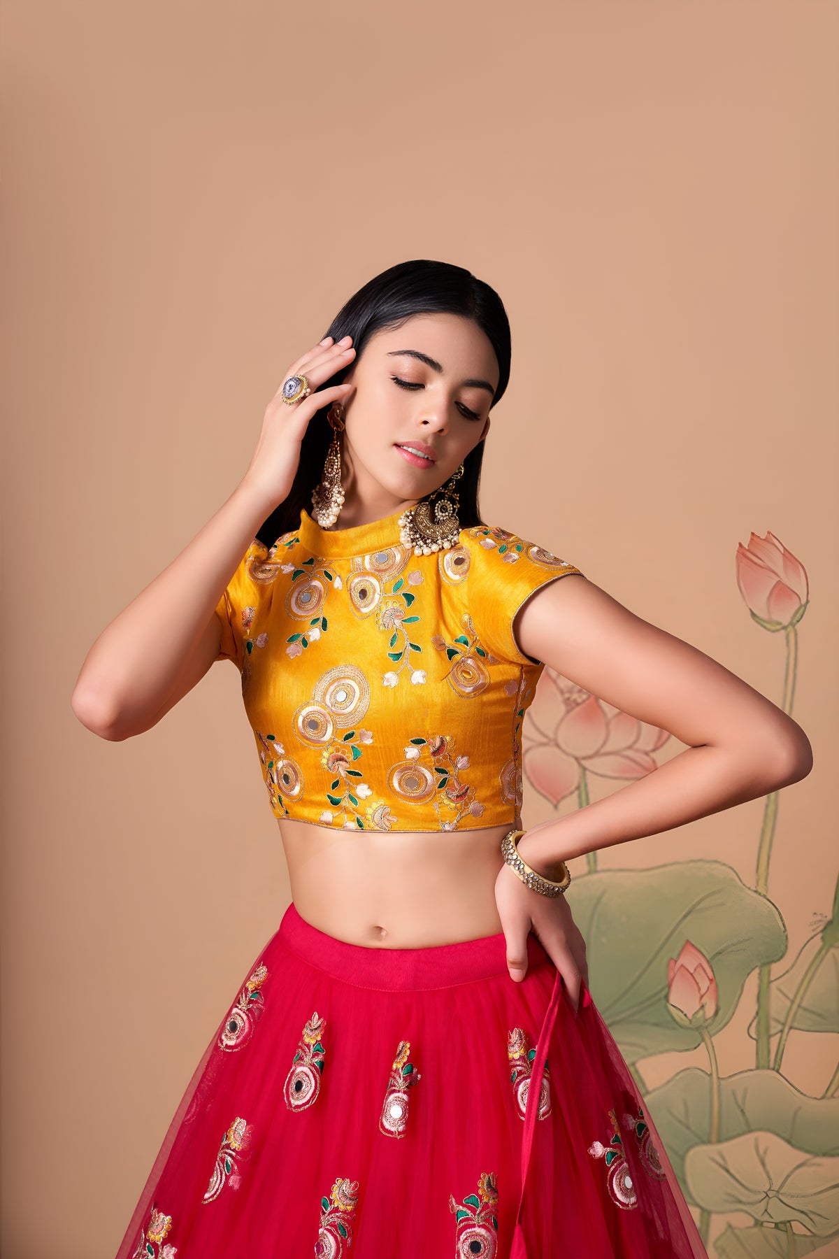 Rani Pink Lehenga Choli with Yellow Blouse and Floral Embroidered Dupatta