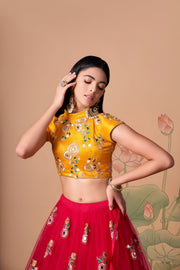 Rani Pink Lehenga Choli with Yellow Blouse and Floral Embroidered Dupatta
