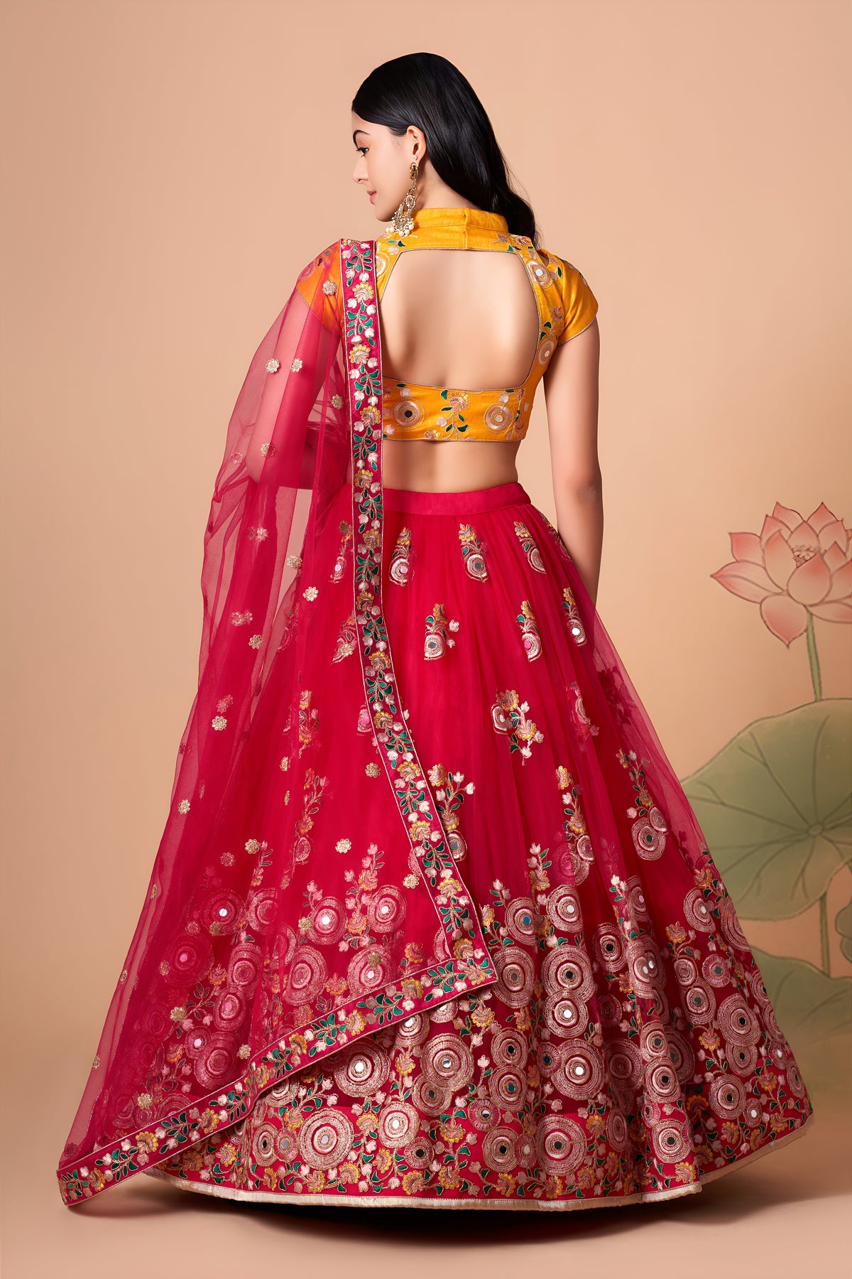 Rani Pink Lehenga Choli with Yellow Blouse and Floral Embroidered Dupatta