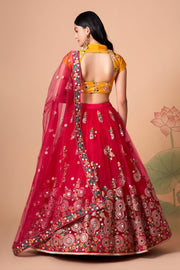 Rani Pink Lehenga Choli with Yellow Blouse and Floral Embroidered Dupatta