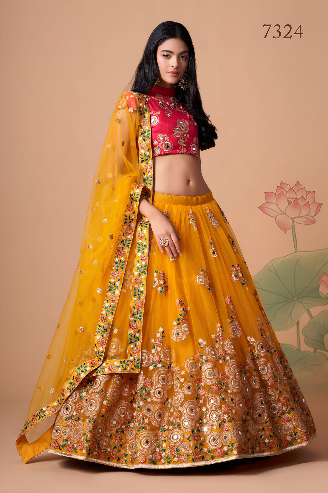 Mustard Yellow Lehenga Choli with Rani Pink Blouse and Embroidered Dupatta