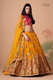 Mustard Yellow Lehenga Choli with Rani Pink Blouse and Embroidered Dupatta