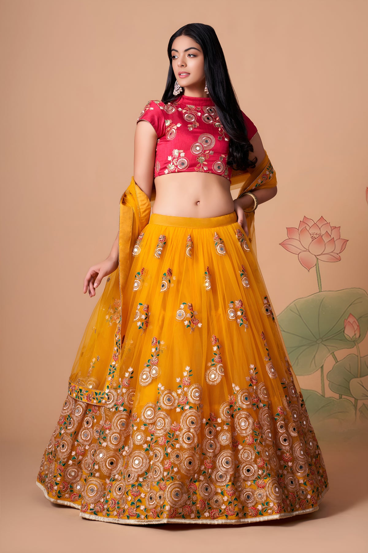 Mustard Yellow Lehenga Choli with Rani Pink Blouse and Embroidered Dupatta