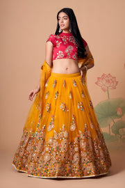 Mustard Yellow Lehenga Choli with Rani Pink Blouse and Embroidered Dupatta
