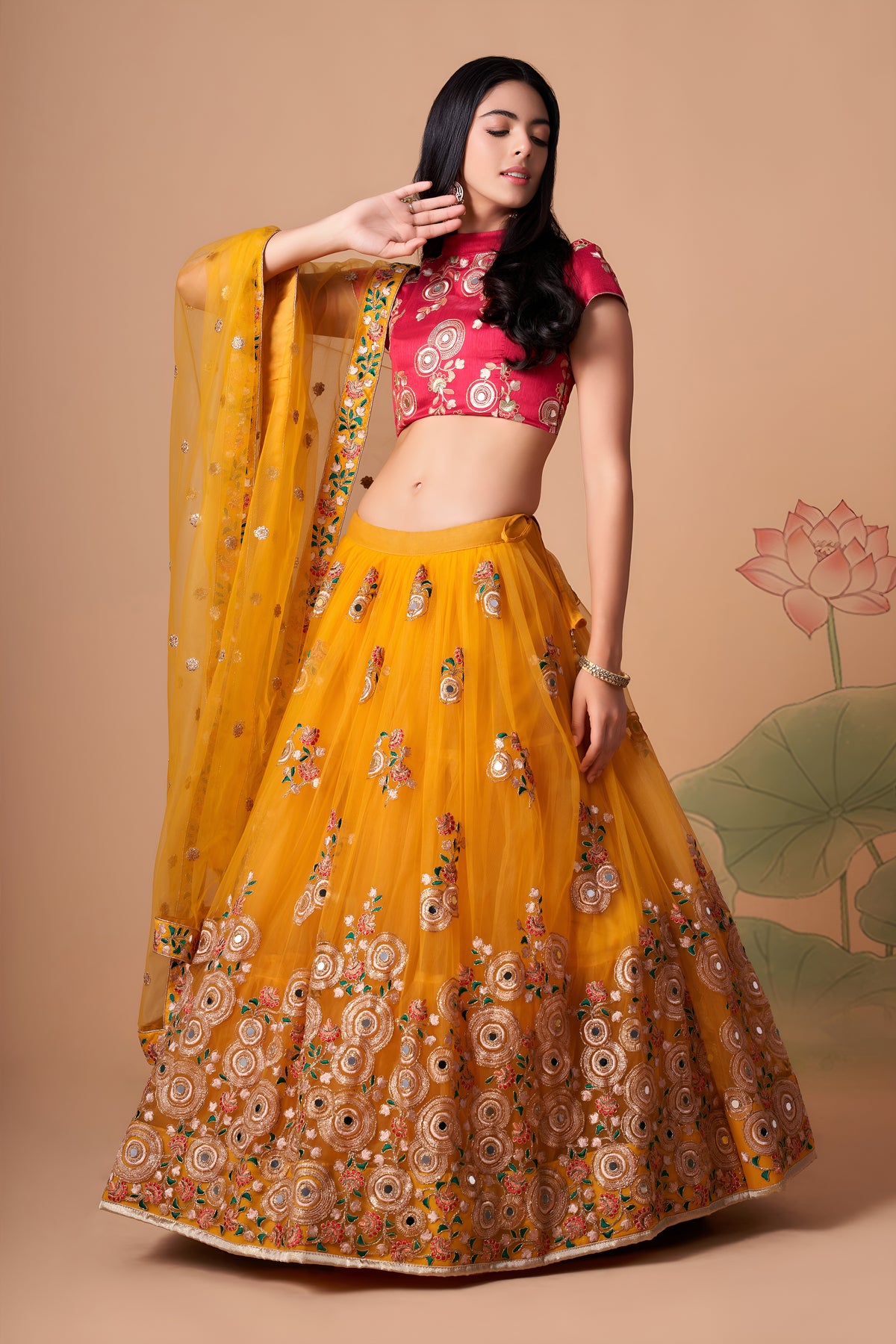 Mustard Yellow Lehenga Choli with Rani Pink Blouse and Embroidered Dupatta