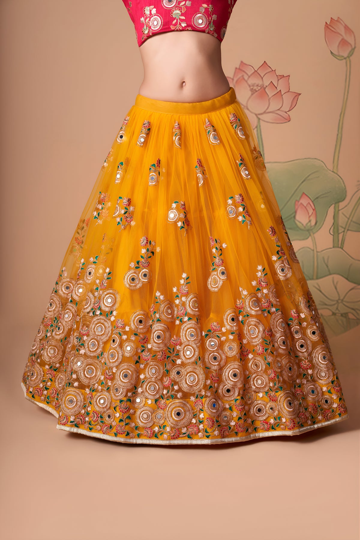 Mustard Yellow Lehenga Choli with Rani Pink Blouse and Embroidered Dupatta