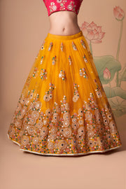 Mustard Yellow Lehenga Choli with Rani Pink Blouse and Embroidered Dupatta