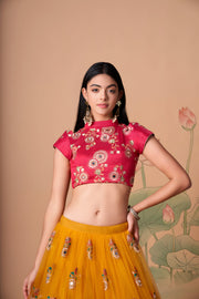 Mustard Yellow Lehenga Choli with Rani Pink Blouse and Embroidered Dupatta
