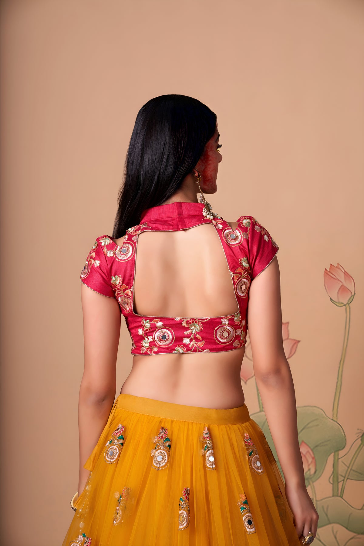 Mustard Yellow Lehenga Choli with Rani Pink Blouse and Embroidered Dupatta