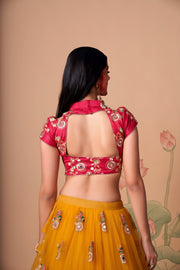 Mustard Yellow Lehenga Choli with Rani Pink Blouse and Embroidered Dupatta