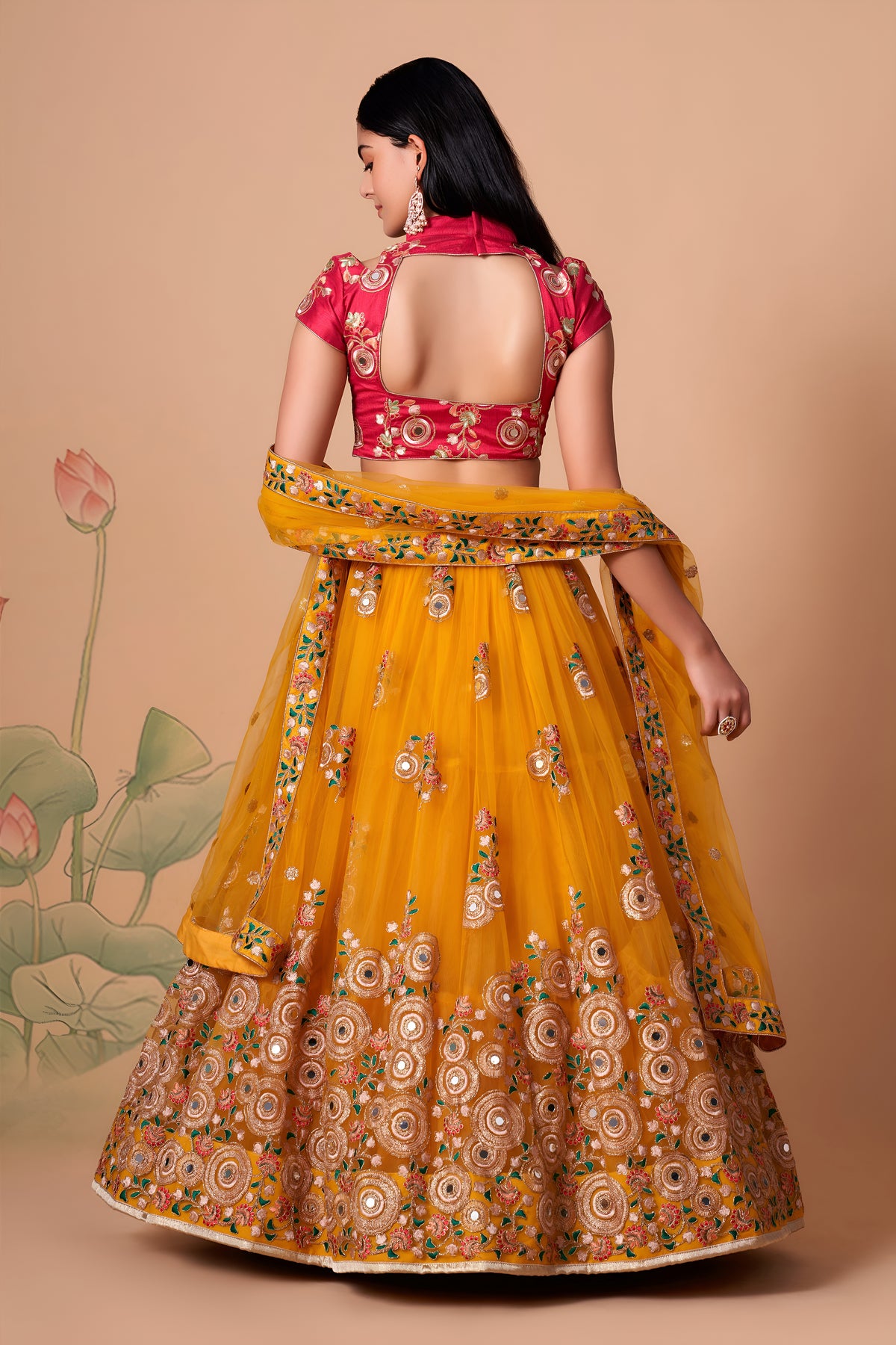 Mustard Yellow Lehenga Choli with Rani Pink Blouse and Embroidered Dupatta