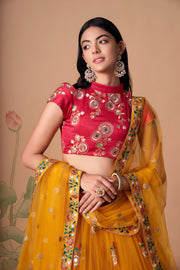Mustard Yellow Lehenga Choli with Rani Pink Blouse and Embroidered Dupatta