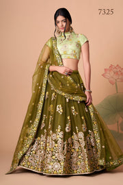 Olive Green Lehenga Choli with Pastel Green Blouse and Floral Embroidery