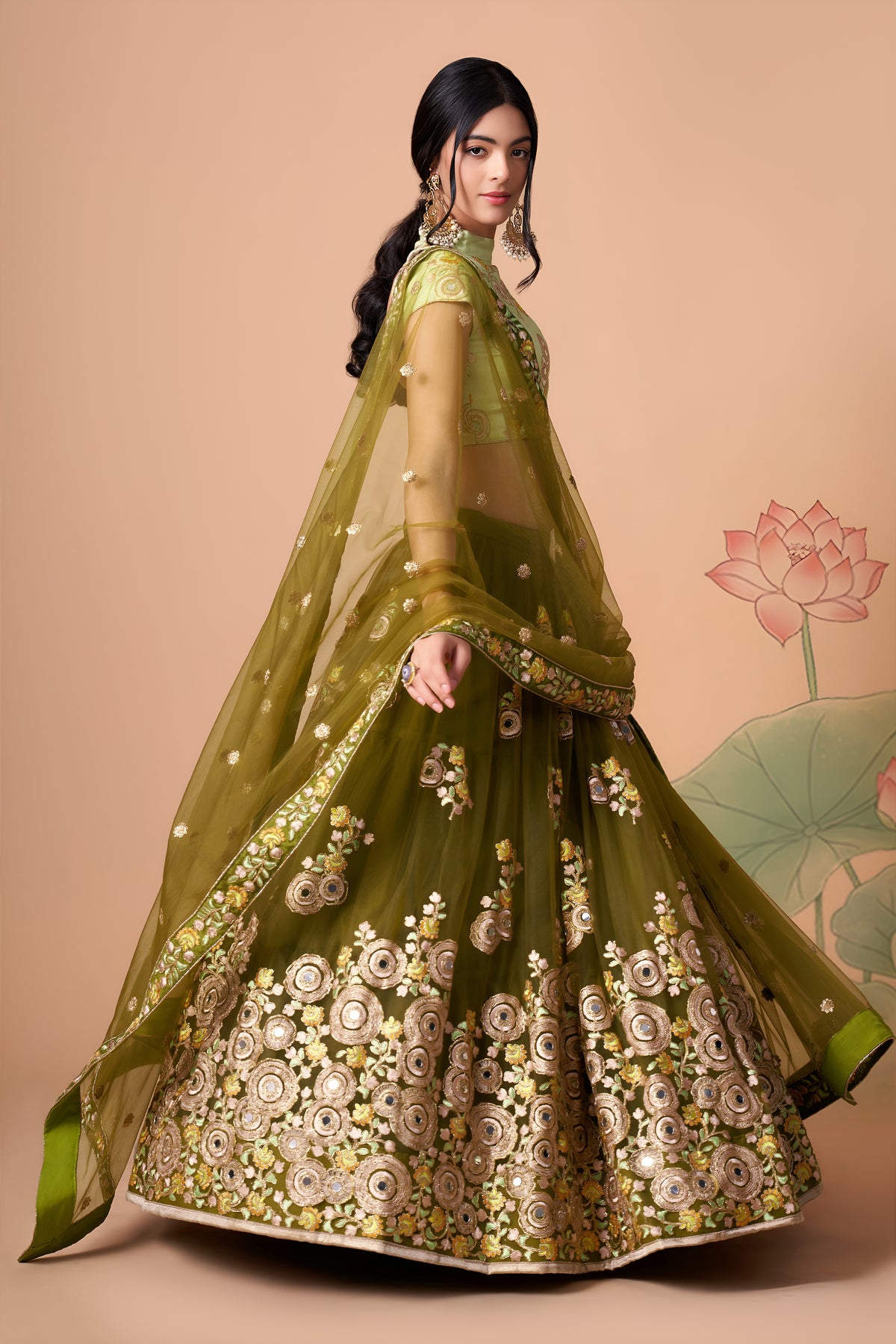 Olive Green Lehenga Choli with Pastel Green Blouse and Floral Embroidery