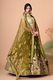 Olive Green Lehenga Choli with Pastel Green Blouse and Floral Embroidery