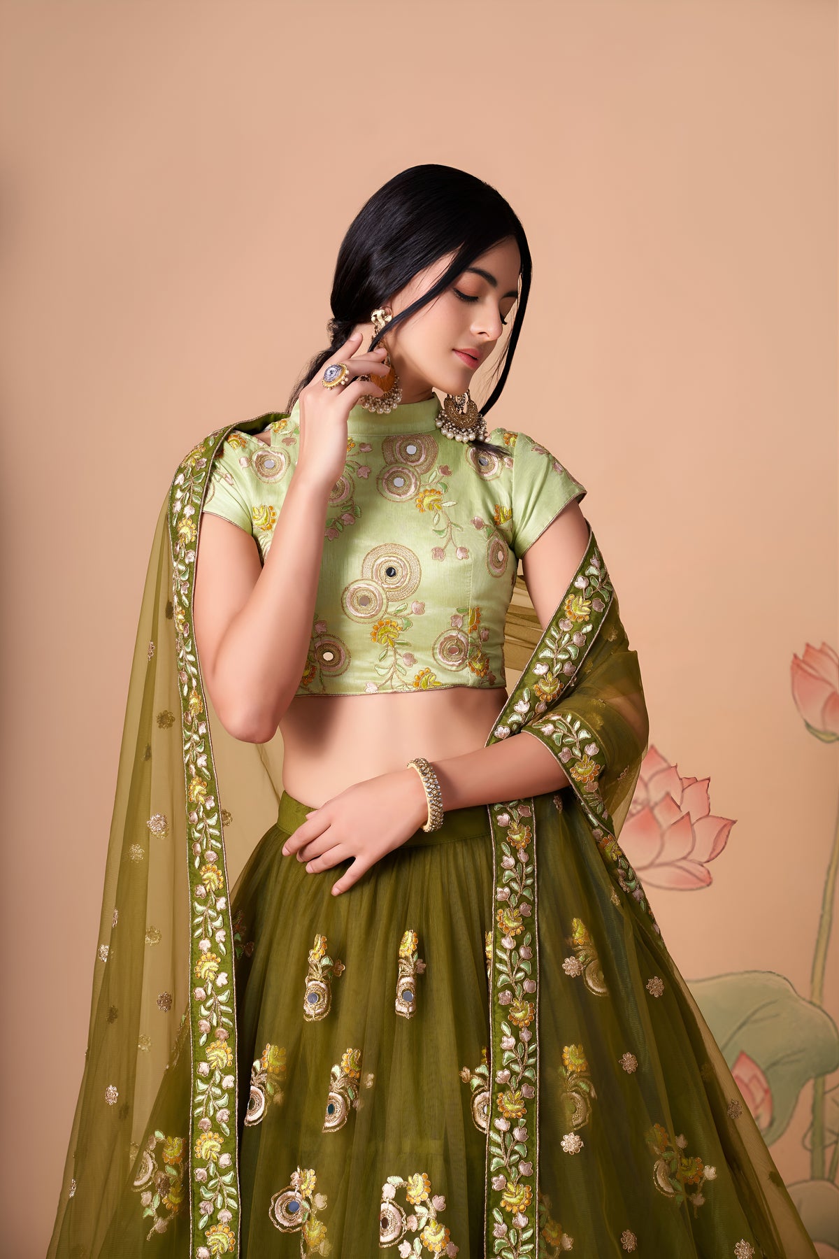 Olive Green Lehenga Choli with Pastel Green Blouse and Floral Embroidery