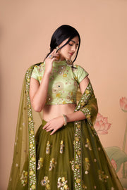 Olive Green Lehenga Choli with Pastel Green Blouse and Floral Embroidery
