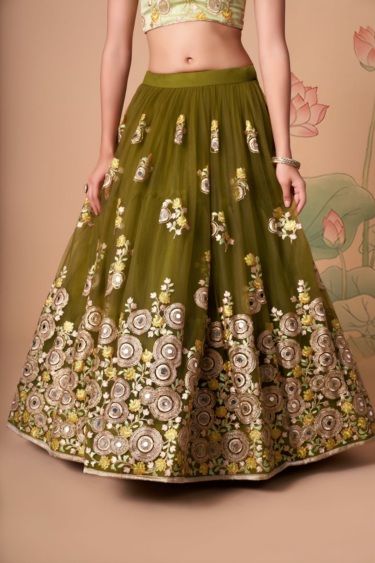 Olive Green Lehenga Choli with Pastel Green Blouse and Floral Embroidery