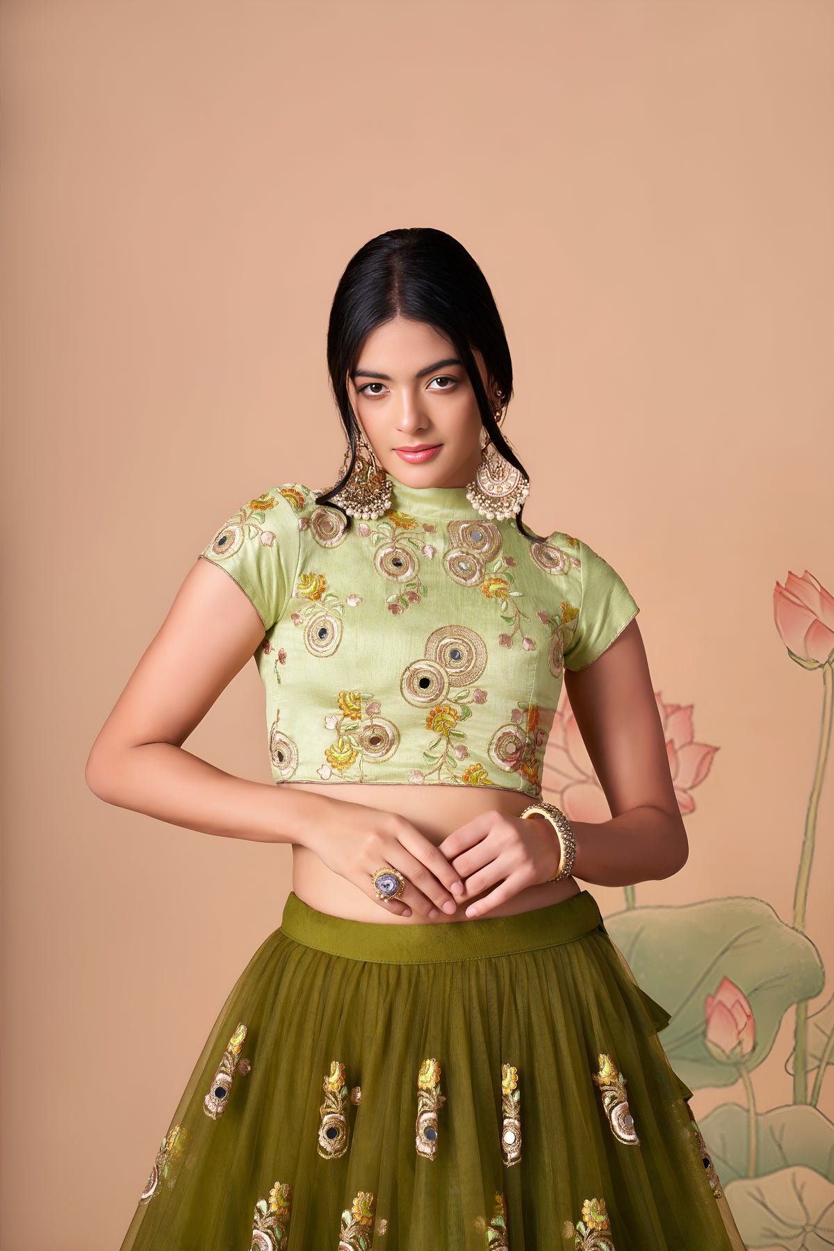 Olive Green Lehenga Choli with Pastel Green Blouse and Floral Embroidery