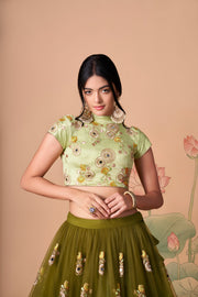 Olive Green Lehenga Choli with Pastel Green Blouse and Floral Embroidery