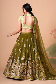 Olive Green Lehenga Choli with Pastel Green Blouse and Floral Embroidery