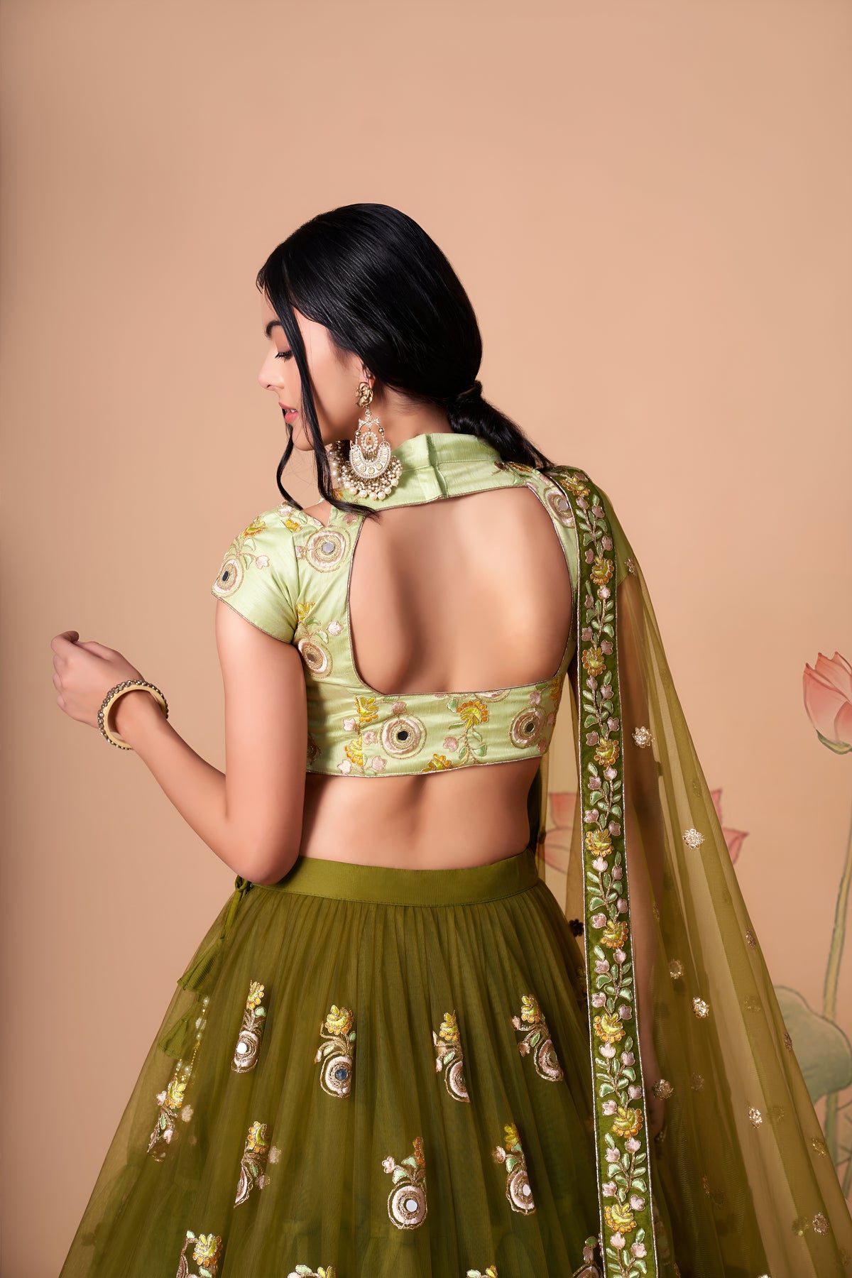 Olive Green Lehenga Choli with Pastel Green Blouse and Floral Embroidery