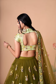 Olive Green Lehenga Choli with Pastel Green Blouse and Floral Embroidery