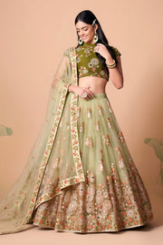 Sage Green Lehenga Choli with Olive Blouse and Floral Embroidered Dupatta