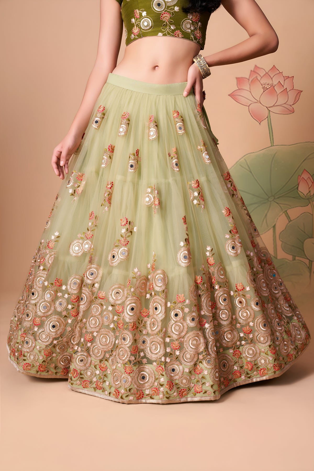Sage Green Lehenga Choli with Olive Blouse and Floral Embroidered Dupatta