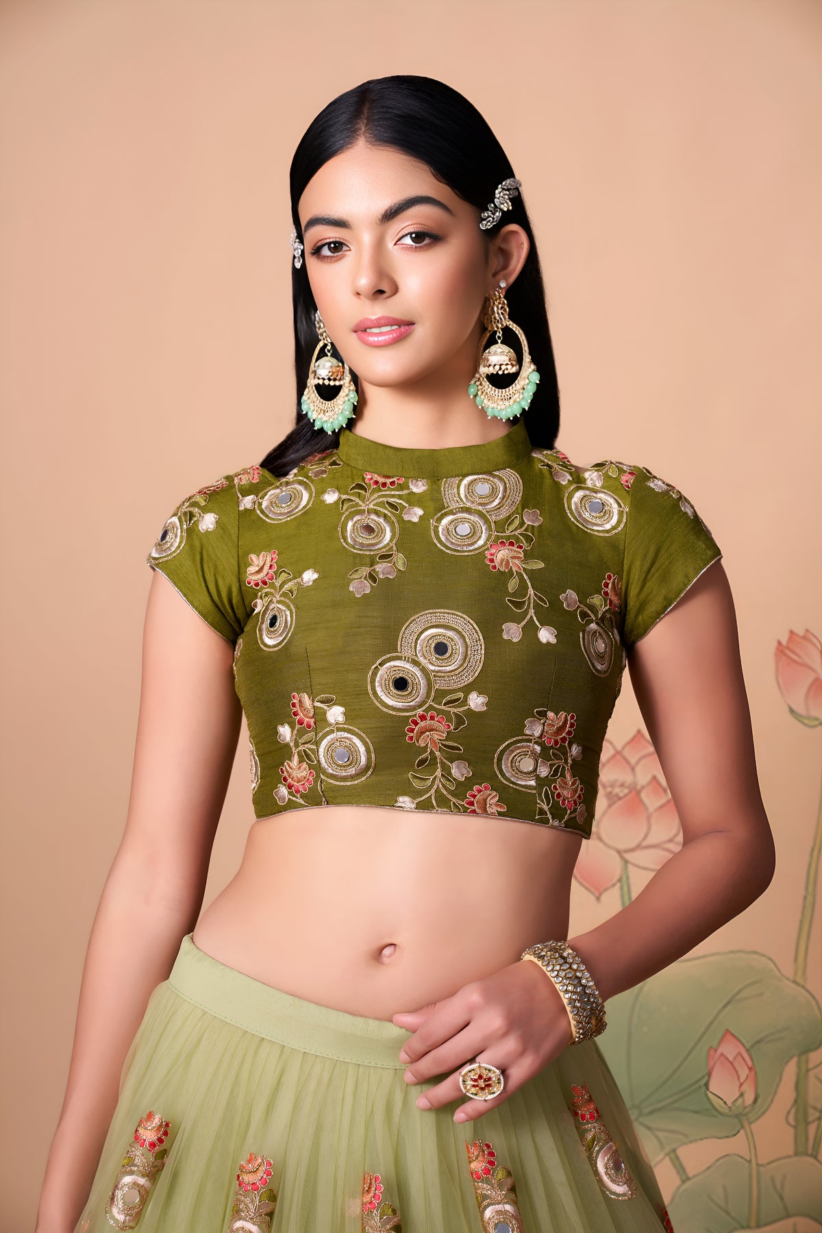 Sage Green Lehenga Choli with Olive Blouse and Floral Embroidered Dupatta