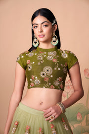 Sage Green Lehenga Choli with Olive Blouse and Floral Embroidered Dupatta