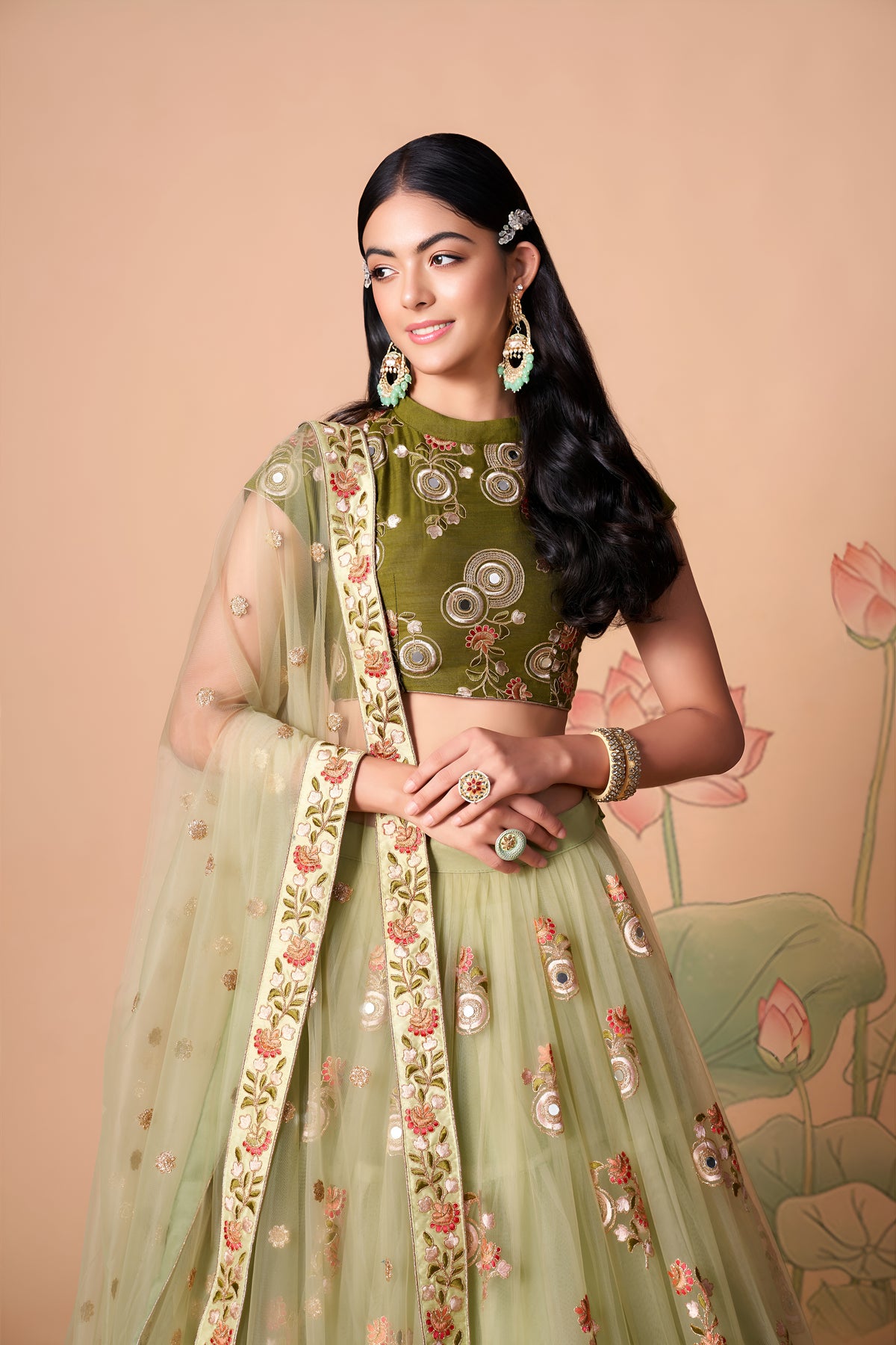 Sage Green Lehenga Choli with Olive Blouse and Floral Embroidered Dupatta