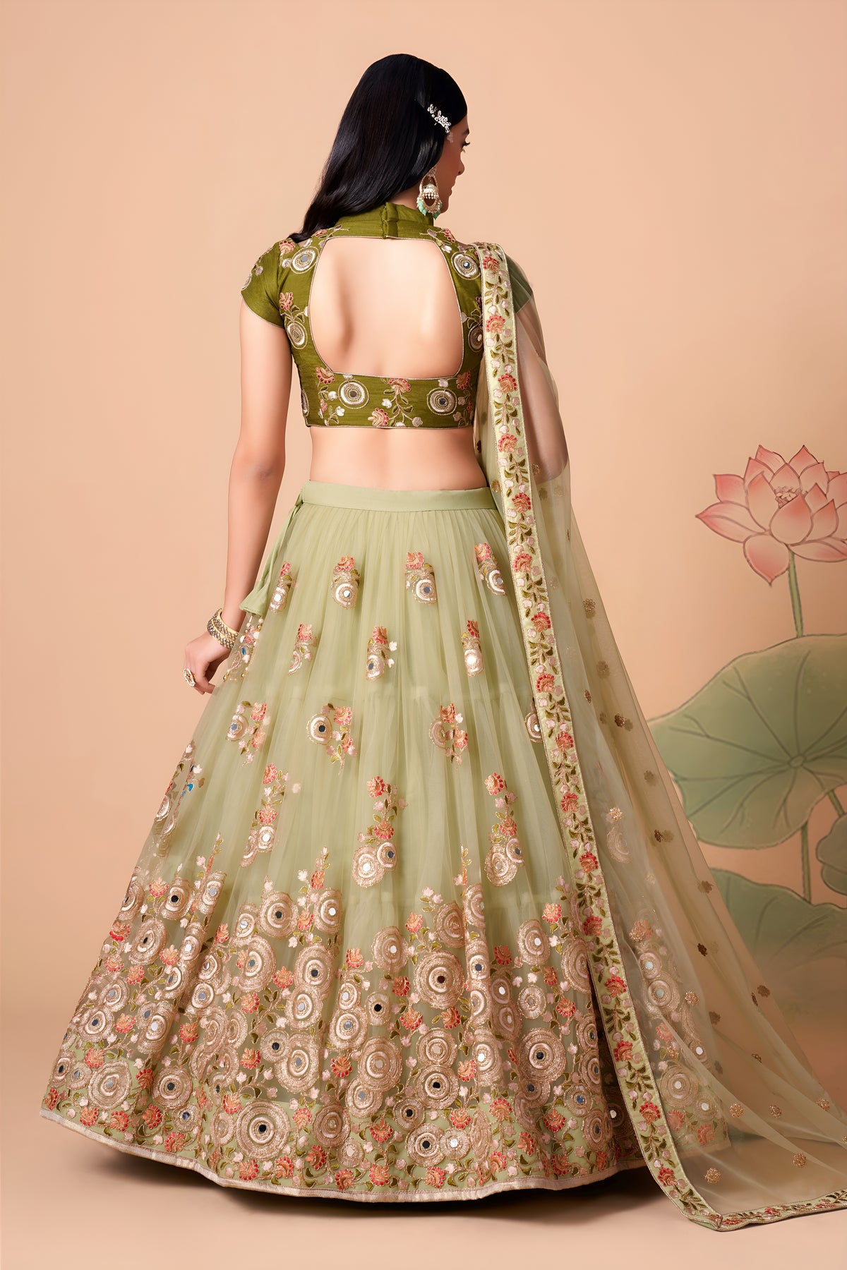 Sage Green Lehenga Choli with Olive Blouse and Floral Embroidered Dupatta