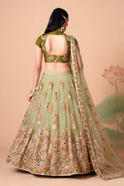 Sage Green Lehenga Choli with Olive Blouse and Floral Embroidered Dupatta