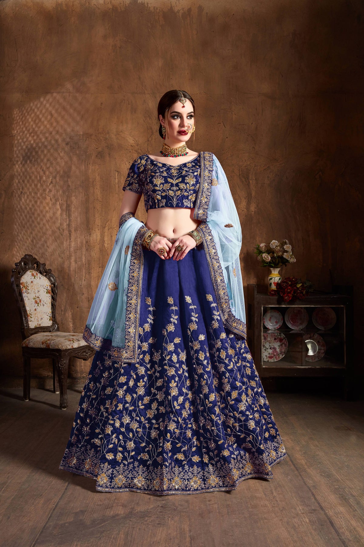Navy Blue Bridal Lehenga Choli with Gold Embroidery & Sky Blue Dupatta