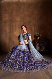 Navy Blue Bridal Lehenga Choli with Gold Embroidery & Sky Blue Dupatta