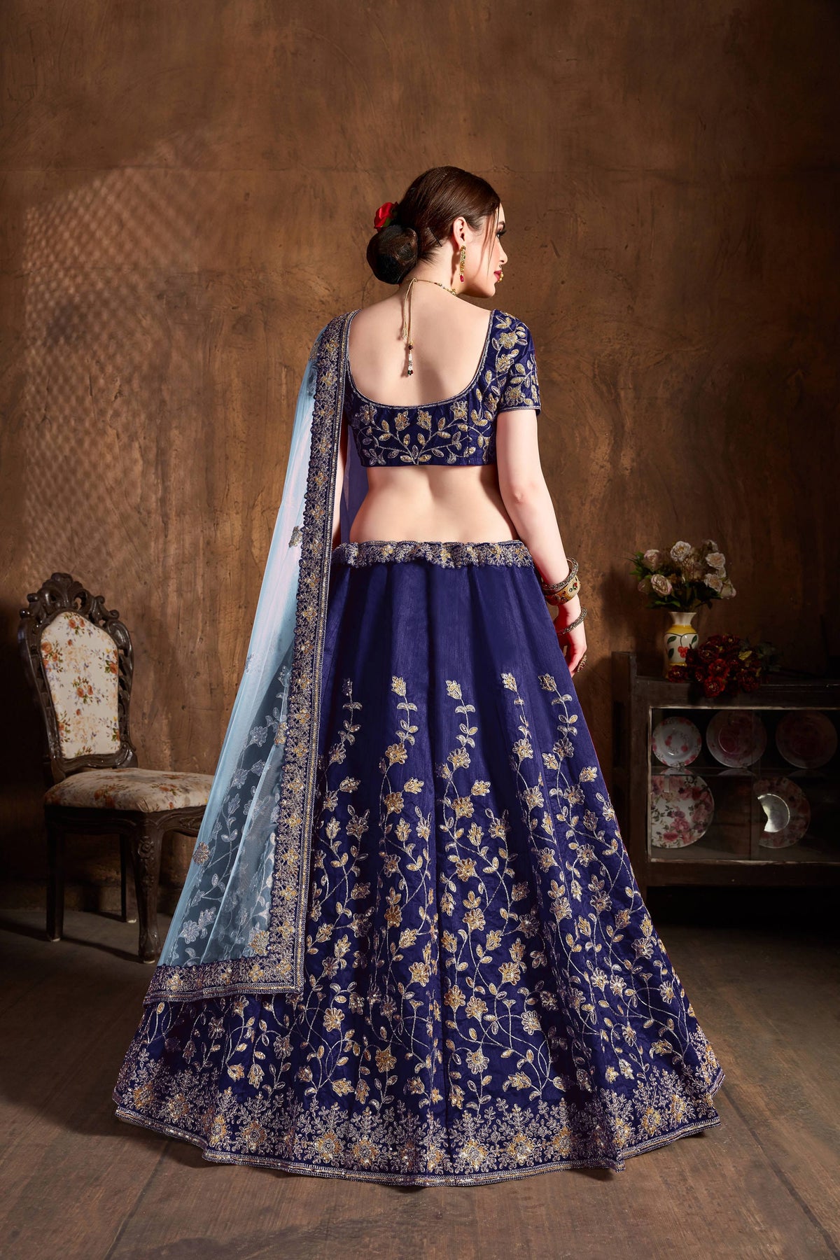 Navy Blue Bridal Lehenga Choli with Gold Embroidery & Sky Blue Dupatta