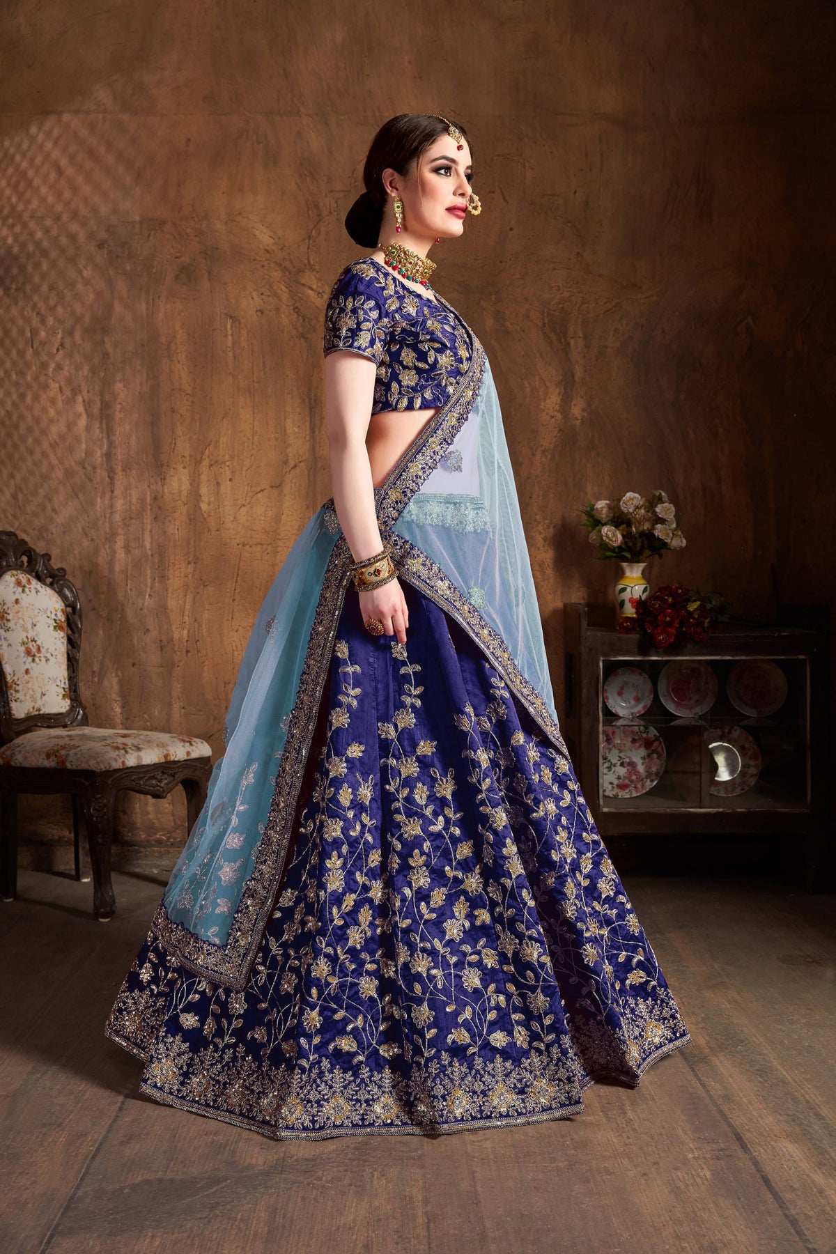 Navy Blue Bridal Lehenga Choli with Gold Embroidery & Sky Blue Dupatta