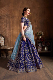 Navy Blue Bridal Lehenga Choli with Gold Embroidery & Sky Blue Dupatta