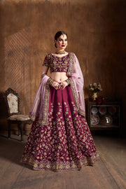 Wine Maroon Bridal Lehenga Choli with Gold Embroidery & Pink Dupatta