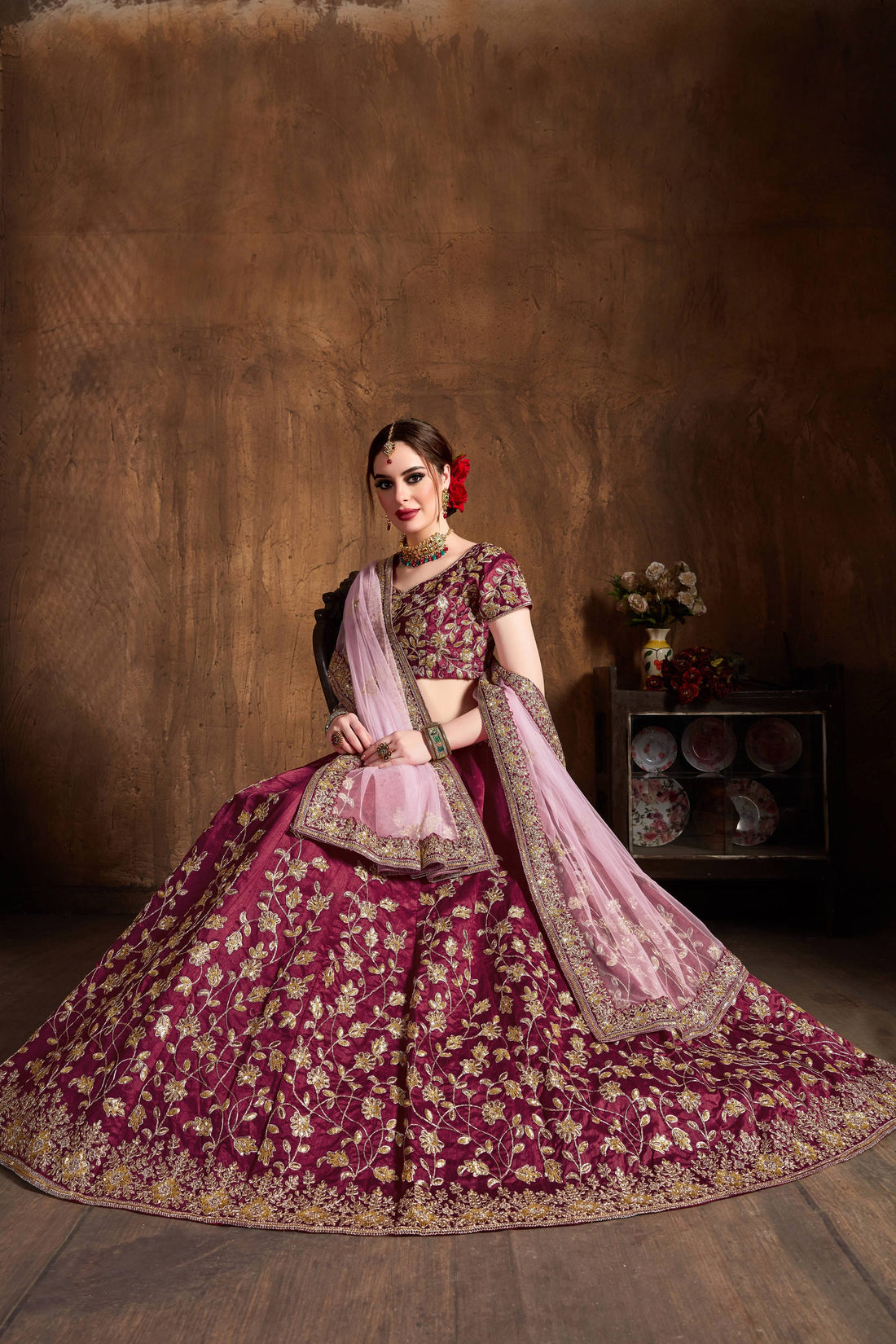 Wine Maroon Bridal Lehenga Choli with Gold Embroidery & Pink Dupatta