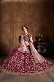 Wine Maroon Bridal Lehenga Choli with Gold Embroidery & Pink Dupatta