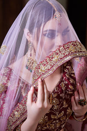 Wine Maroon Bridal Lehenga Choli with Gold Embroidery & Pink Dupatta