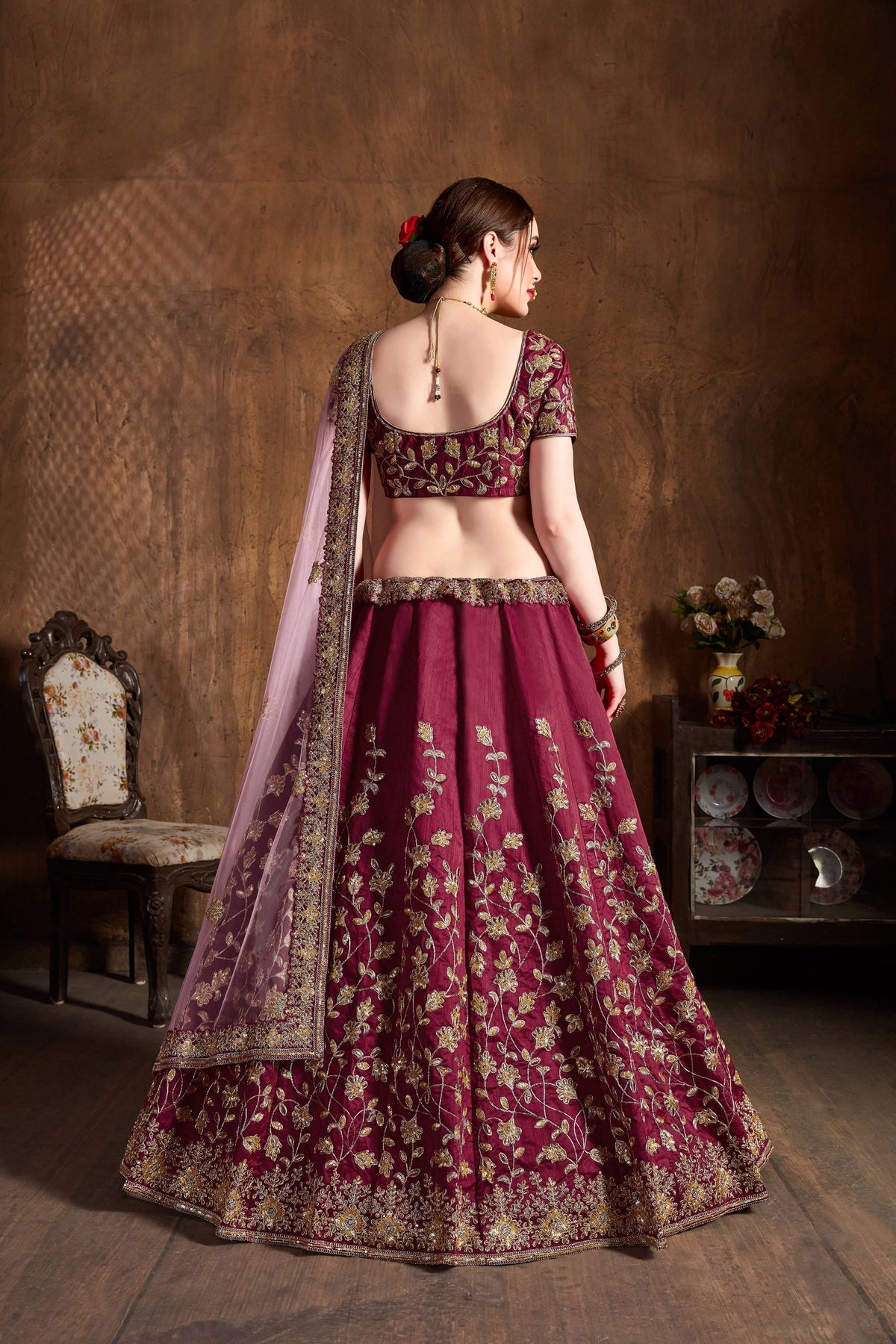 Wine Maroon Bridal Lehenga Choli with Gold Embroidery & Pink Dupatta